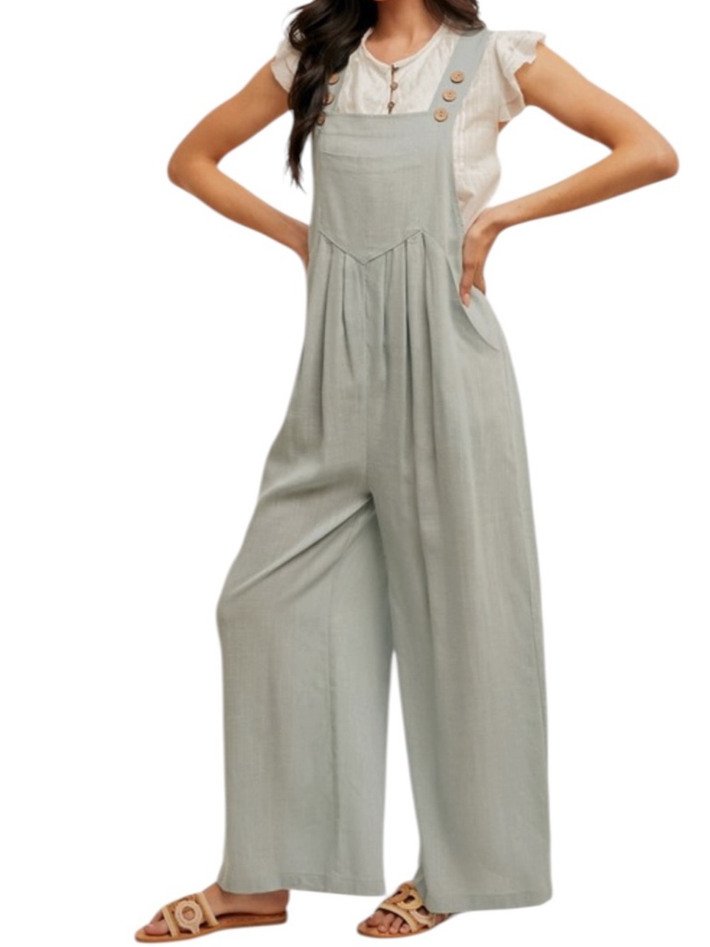 Light Sage Wide-Leg Linen Blend Overalls Jumpsuit - Picture 2 of 3
